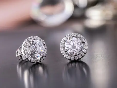 A pair of round diamond halo stud earrings on a grey reflective surface